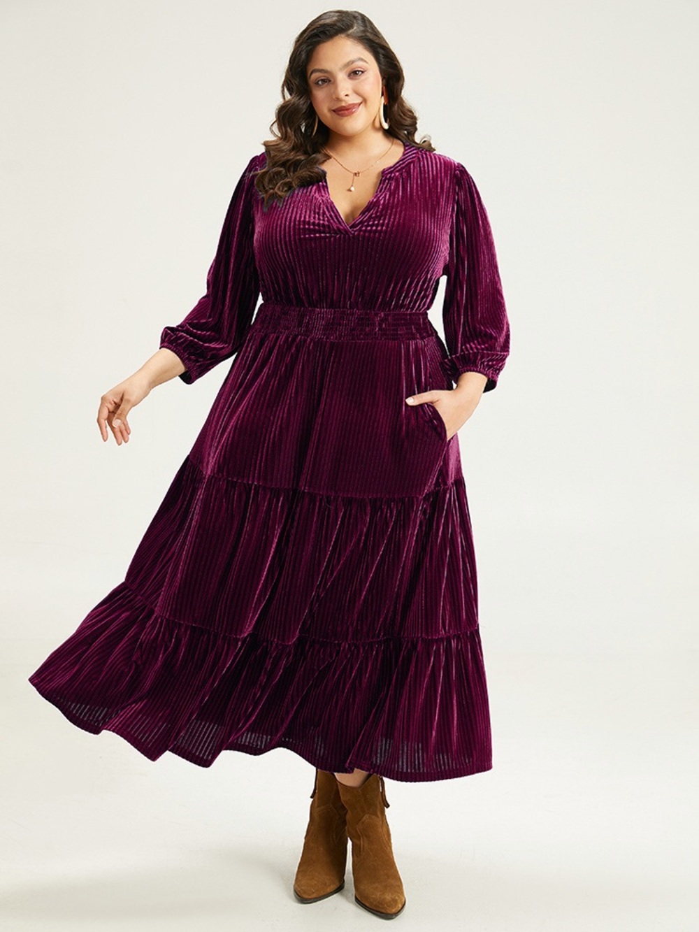 BloomChic 1X 14/16 Velvet Tiered Maxi Dress Plum Velvet Shirred Pocket Notched